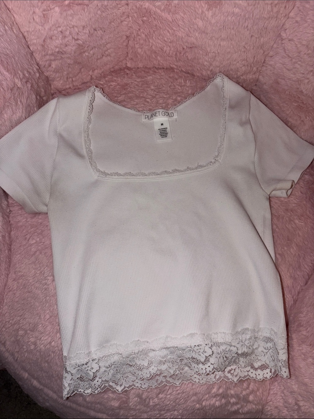 Planet Gold White Lace-Trim Square Neck Tee